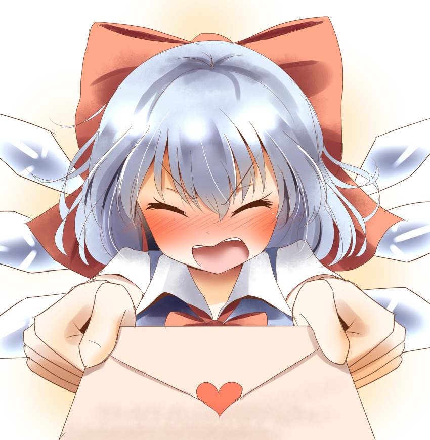 1girl absurdres blue_hair blush bow cirno closed_eyes giving hair_bow highres holding ice ice_wings indo_(mdtanaka2007) letter love_letter open_mouth outstretched_arms pov solo touhou wings