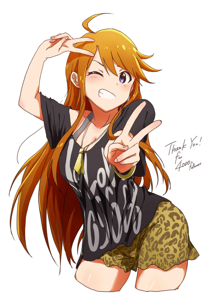 1girl absurdres ahoge ayano_yuu_(sonma_1426) blue_eyes breasts brown_hair cleavage double_v grin highres idolmaster idolmaster_million_live! leopard_print long_hair looking_at_viewer one_eye_closed shorts smile solo t-shirt thank_you tokoro_megumi v