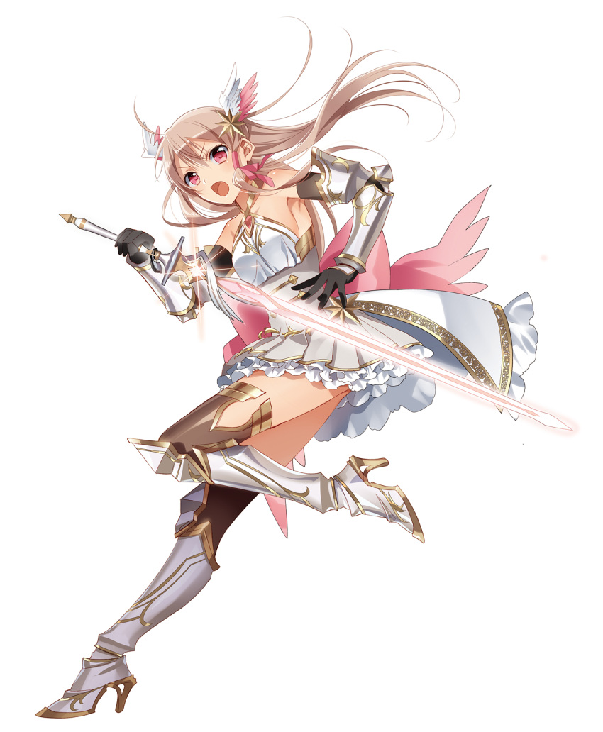 1girl armored_boots bare_shoulders black_gloves brown_hair dress elbow_gloves frilled_dress frills gauntlets gloves glowing gold hair_ornament hair_tubes halterneck head_wings highres leg_up long_hair murakami_yuichi official_art pink_eyes sanjo_tsubaki solo star_hair_ornament sword thigh-highs unsimulated_incubator weapon white_background
