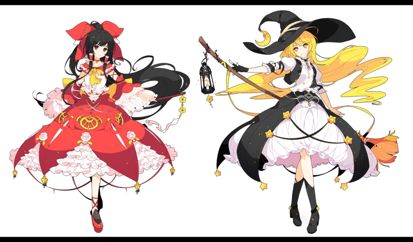 2girls adapted_costume ascot black_gloves black_hair blonde_hair boots bow broom detached_sleeves dress embarrassed embellished_costume fingerless_gloves gloves gohei hair_bow hair_tubes hakurei_reimu hat highres ideolo kirisame_marisa lantern long_hair long_sleeves multiple_girls open_clothes open_vest petticoat ponytail red_eyes shirt skirt smile touhou very_long_hair vest white_dress wide_sleeves witch_hat yellow_eyes
