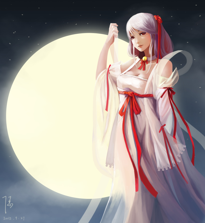1girl absurdres bell breasts choker cleavage clouds dated detached_sleeves diandianzai dress folded_hair full_moon hagoromo hair_ribbon highres jingle_bell lavender_hair lips long_hair looking_at_viewer moon original parted_lips raised_hand red_eyes ribbon shawl signature sky solo star_(sky) starry_sky white_dress