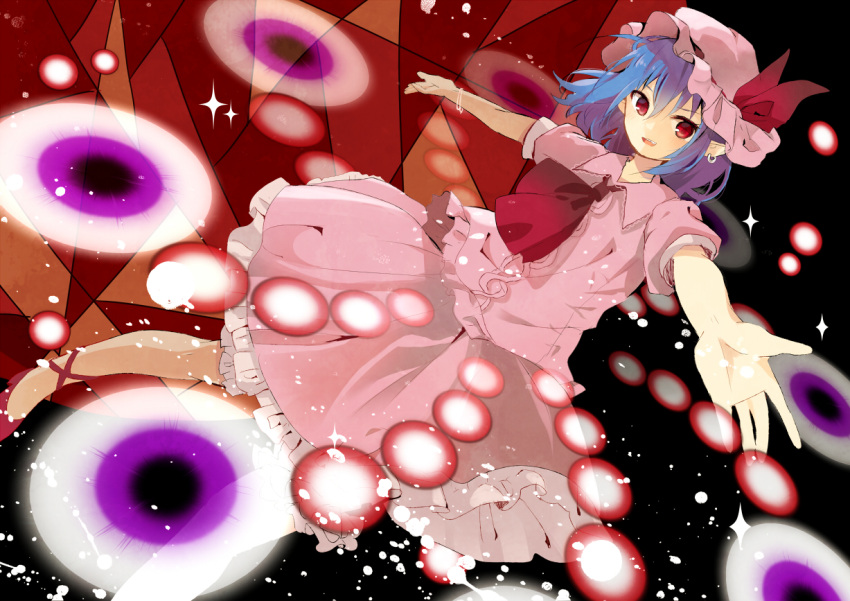 1girl ascot blue_hair bow danmaku hat hat_bow mob_cap outstretched_arms piercing red_eyes remilia_scarlet solo tamagogayu1998 touhou