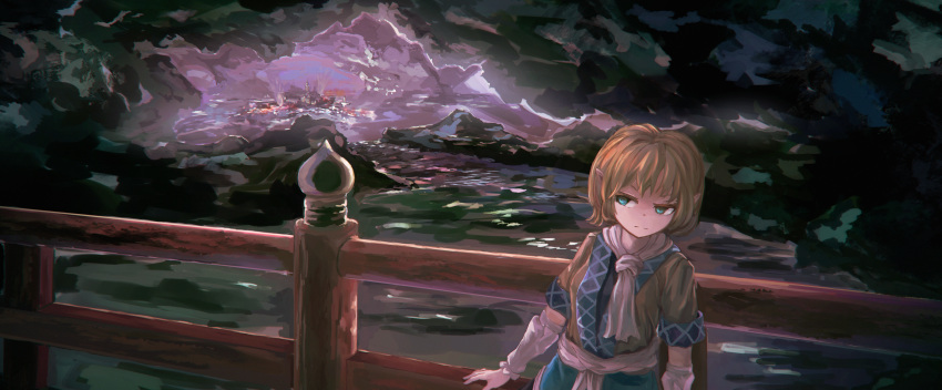 1girl arm_warmers blonde_hair green_eyes highres looking_to_the_side mizuhashi_parsee nori_(stak819) pointy_ears ribbon sash scarf shirt short_hair short_sleeves solo touhou upper_body vest