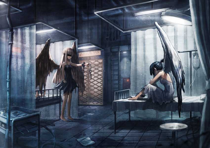 2girls bands bare_shoulders barefoot bed blindfold cuffs dress feathered_wings hospital hospital_bed intravenous_drip key long_hair multiple_girls original ponytail shackles sitting standing toi_(number8) wings
