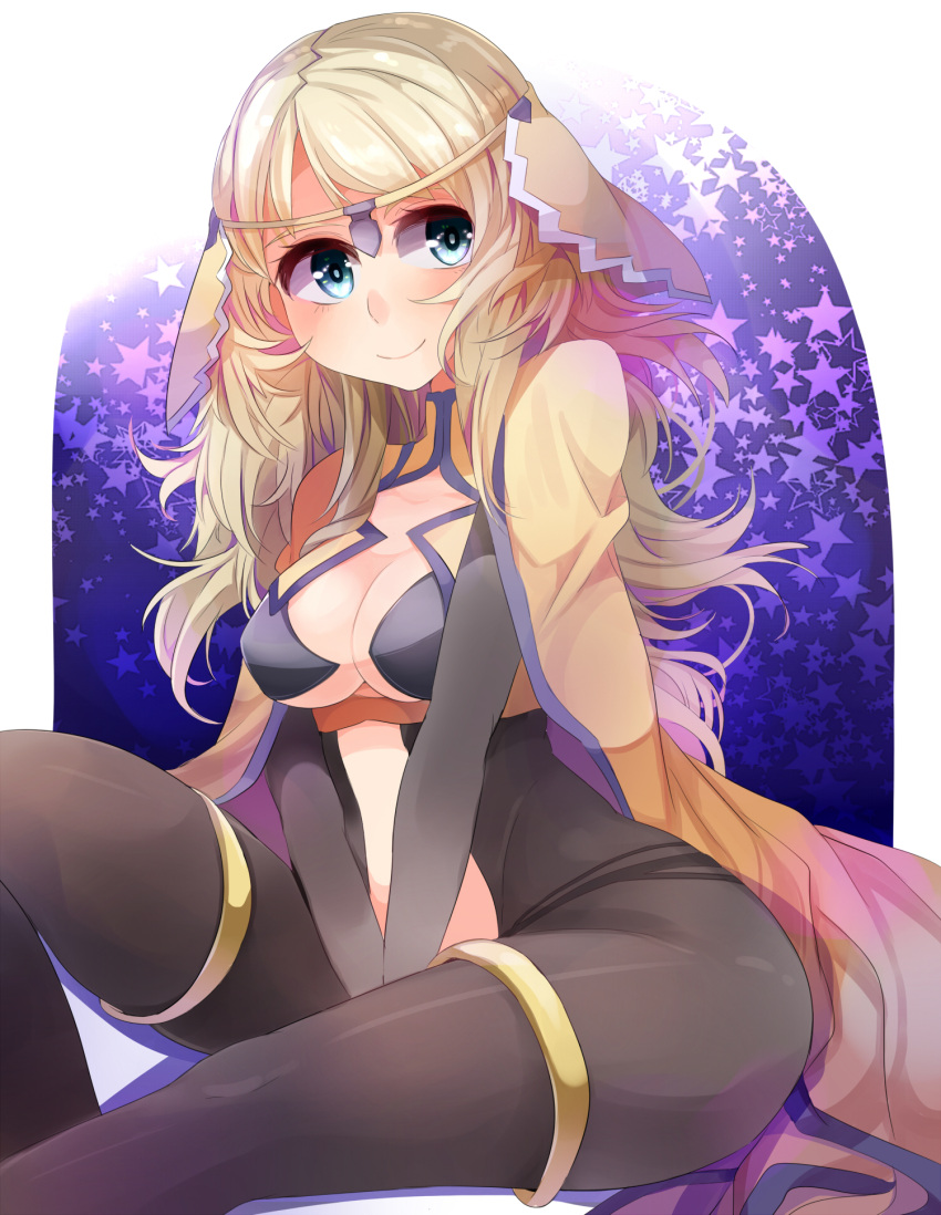 1girl ariaridoradora black_eyes blonde_hair breasts cape center_opening cleavage fire_emblem fire_emblem_if highres long_hair ophelia_(fire_emblem_if) sitting solo