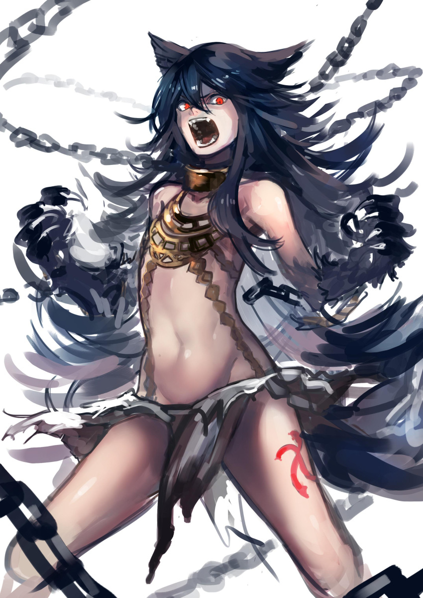 &gt;:o 1girl :o absurdres angry animal_ears azuki_(azuki-taste) bangs bare_shoulders blue_hair bodypaint chain claws collarbone cowboy_shot fangs fenrir_(shingeki_no_bahamut) flat_chest granblue_fantasy groin hair_between_eyes highres jewelry loincloth long_hair looking_away looking_to_the_side navel neck_ring no_panties paws red_eyes restrained shingeki_no_bahamut simple_background slit_pupils solo tail very_long_hair white_background wolf_ears wolf_paws wolf_tail