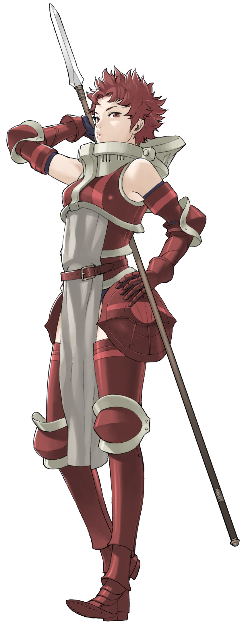 1girl absurdres armored_boots bare_shoulders fire_emblem fire_emblem:_kakusei full_body gauntlets highres kozaki_yuusuke lips official_art polearm red_eyes redhead short_hair simple_background soiree solo spear transparent_background very_short_hair weapon