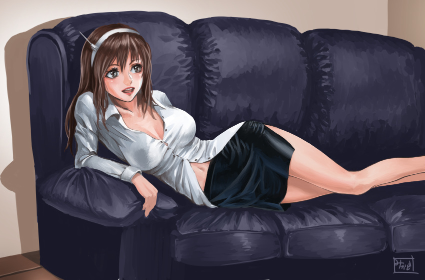 1girl absurdres ashigara_(kantai_collection) breasts brown_hair cleavage couch highres kantai_collection large_breasts long_hair murasaki-sin navel no_legwear skirt solo unbuttoned