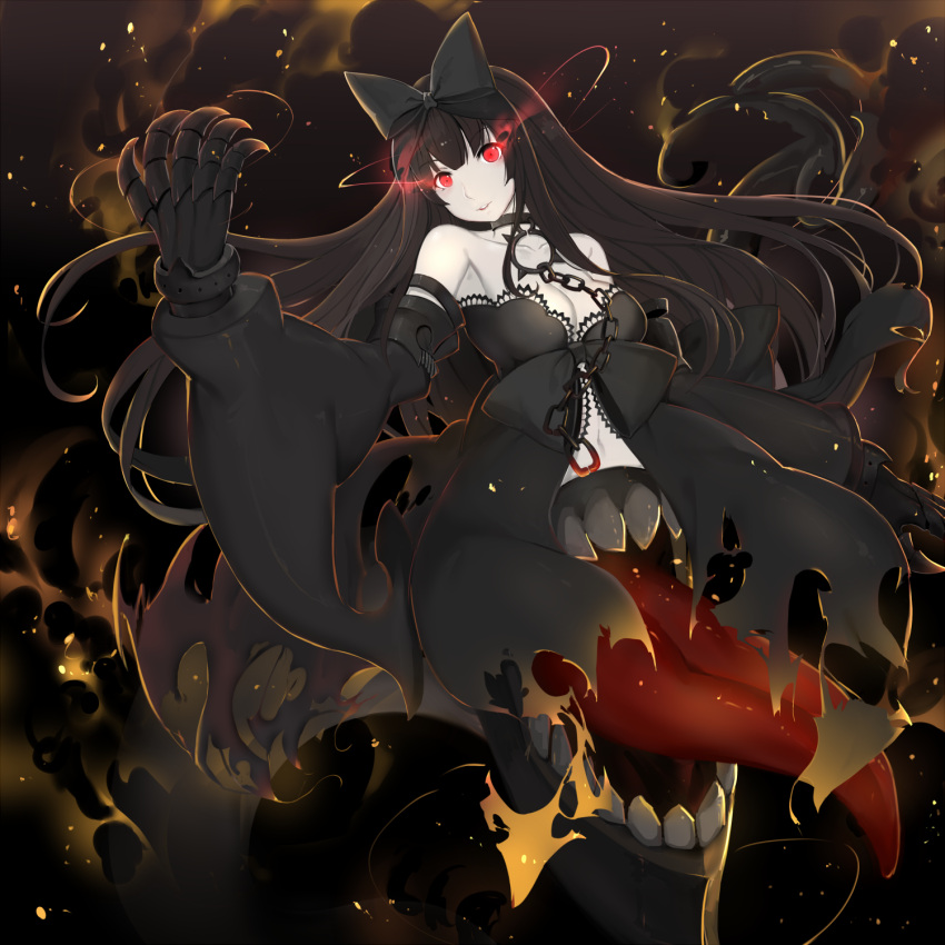 1girl bare_shoulders black_dress black_gloves black_hair bow breasts chain cleavage collar collarbone detached_sleeves dress fangs gloves hair_bow highres kantai_collection large_breasts light_trail long_hair long_sleeves looking_at_viewer metal_gloves midriff monster_girl navel open_mouth pale_skin red_eyes seaplane_tender_hime shinkaisei-kan solo very_long_hair wide_sleeves yingji_(zszero)