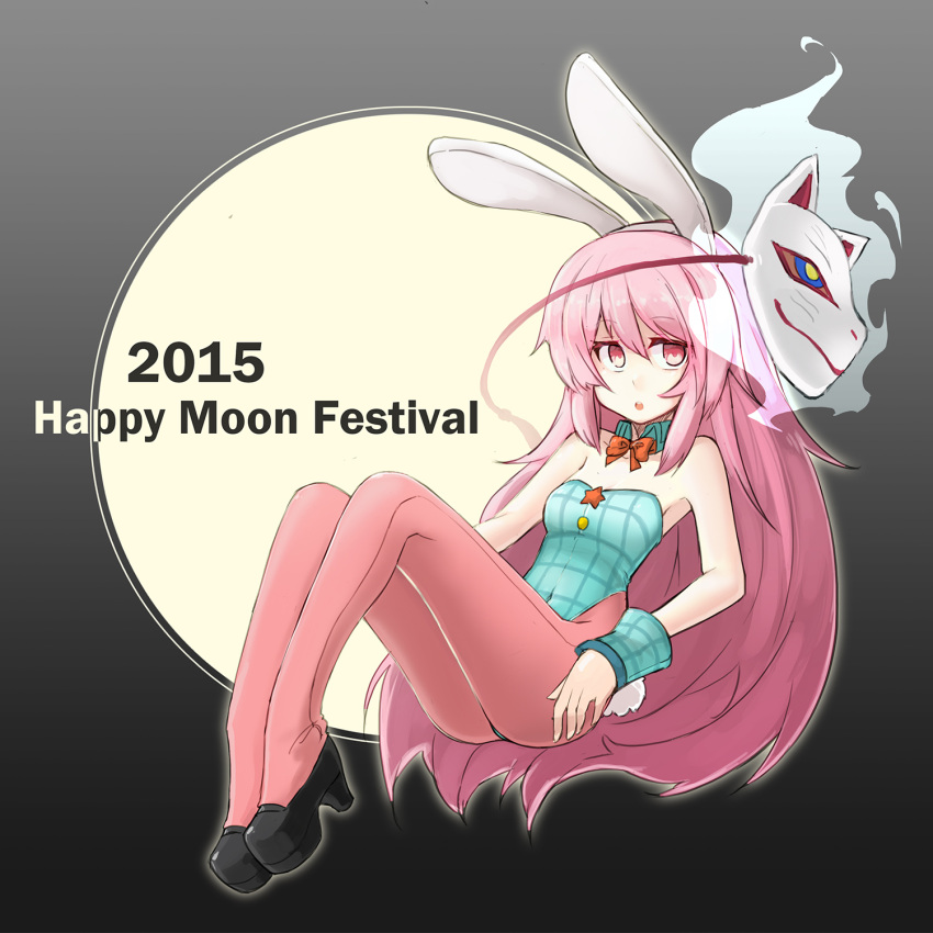 1girl 2015 adapted_costume alternate_costume animal_ears ass bangs bare_shoulders black_background bow bunny_girl english expressionless fake_animal_ears fox_mask full_moon gradient gradient_background gradient_hair grey_background hata_no_kokoro highres long_hair looking_to_the_side mask moon mou_tama_maru multicolored_hair parted_lips pink_eyes pink_hair platform_footwear platform_heels purple_hair rabbit_ears solo thighs touhou very_long_hair wrist_cuffs