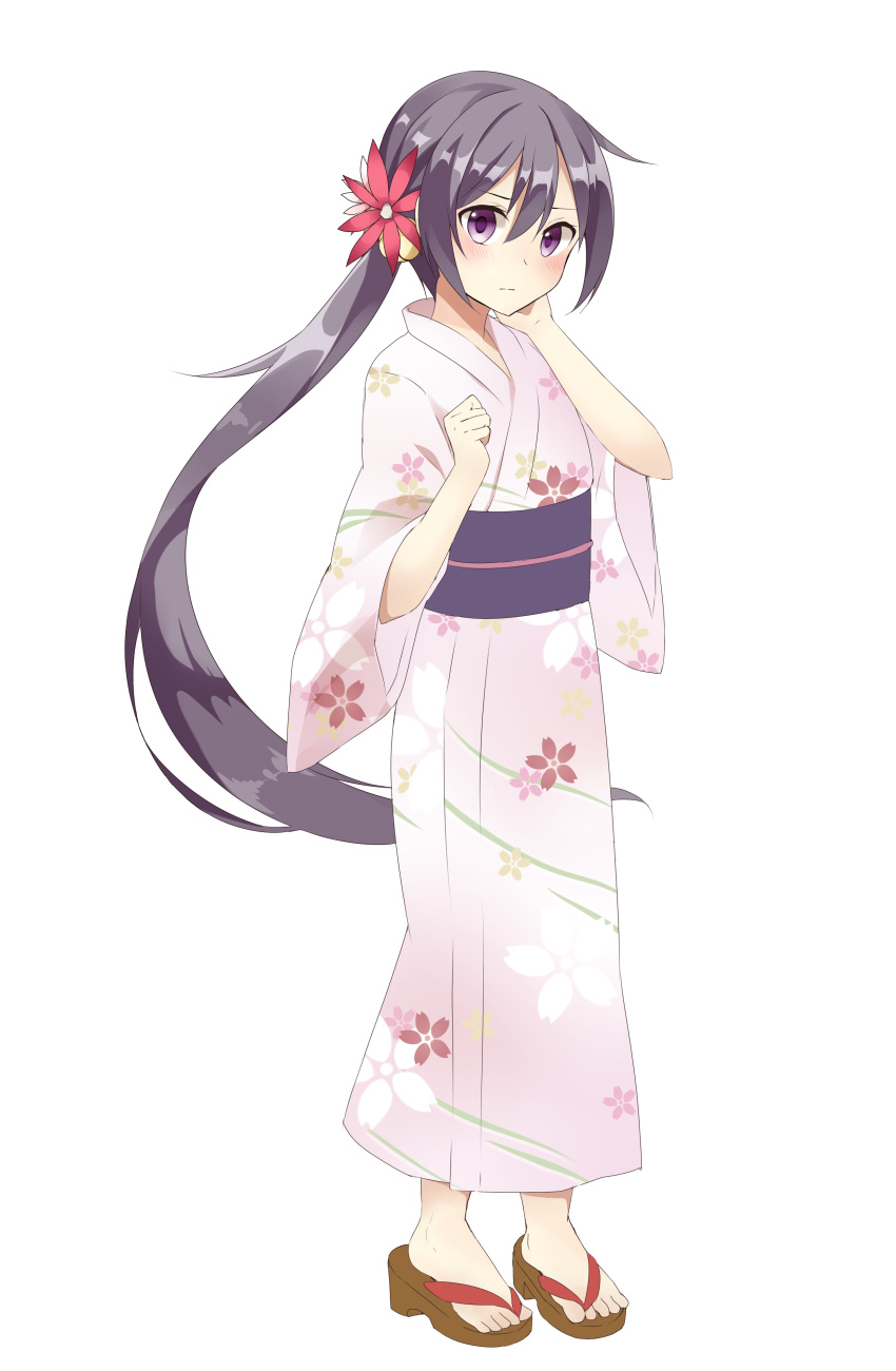 1girl absurdres akebono_(kantai_collection) bell blush flower hair_bell hair_flower hair_ornament highres japanese_clothes kantai_collection kimono long_hair purple_hair satou_saya side_ponytail simple_background solo violet_eyes