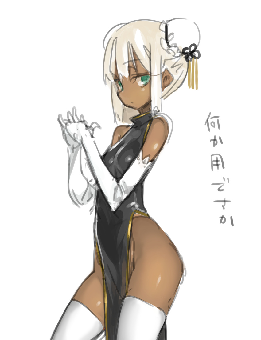 1girl aqua_eyes azuki_(azuki-taste) bare_shoulders black_dress blonde_hair bun_cover china_dress chinese_clothes dark_skin double_bun dress elbow_gloves gloves hands_together highres lace lace-trimmed_gloves no_panties original pelvic_curtain short_hair side_slit simple_background sleeveless sleeveless_dress solo thigh-highs translated white_background white_gloves white_legwear