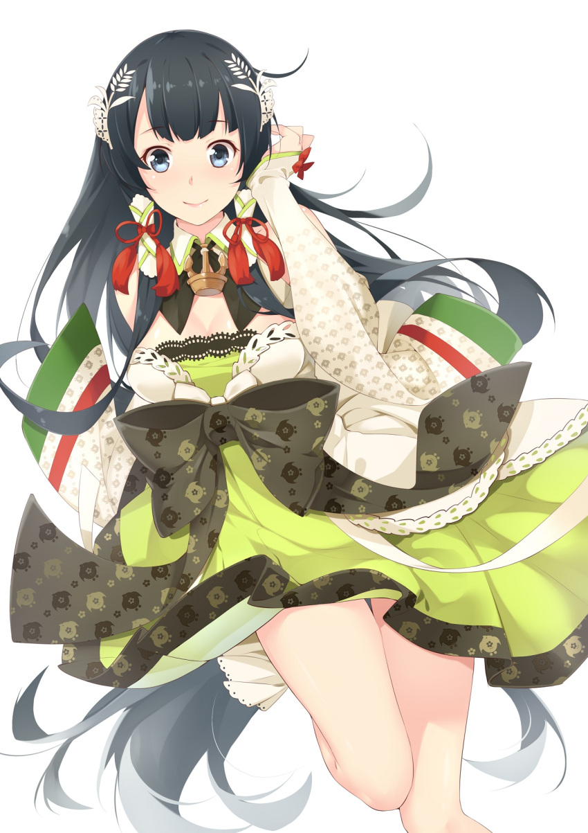 1girl anchor_choker black_bow black_hair blue_eyes bow breasts cleavage detached_collar detached_sleeves dress ello floral_print flower furisode green_dress hair_flower hair_ornament hair_ribbon hair_tubes hand_in_hair highres japanese_clothes kantai_collection kimono leg_up long_hair long_sleeves looking_at_viewer mizuho_(kantai_collection) multicolored_dress obi pleated_skirt red_ribbon ribbon sash sidelocks simple_background skirt smile solo standing_on_one_leg thighs very_long_hair white_background white_dress