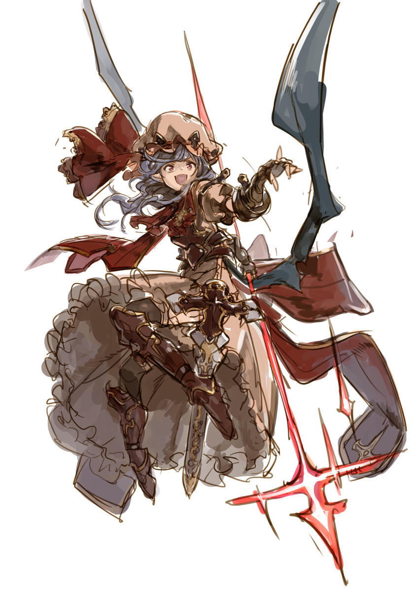 1girl :d absurdres armor armored_boots ascot azuki_(azuki-taste) bat_wings belt black_gloves black_legwear boots breastplate dress embellished_costume fang fingerless_gloves frilled_dress frilled_sleeves frills full_body gloves granblue_fantasy hat hat_ribbon highres kneehighs long_hair mob_cap open_mouth pink_dress pink_eyes pointy_ears polearm puffy_short_sleeves puffy_sleeves purple_hair red_boots red_ribbon remilia_scarlet ribbon short_sleeves simple_background smile solo spear spear_the_gungnir touhou weapon white_background wings