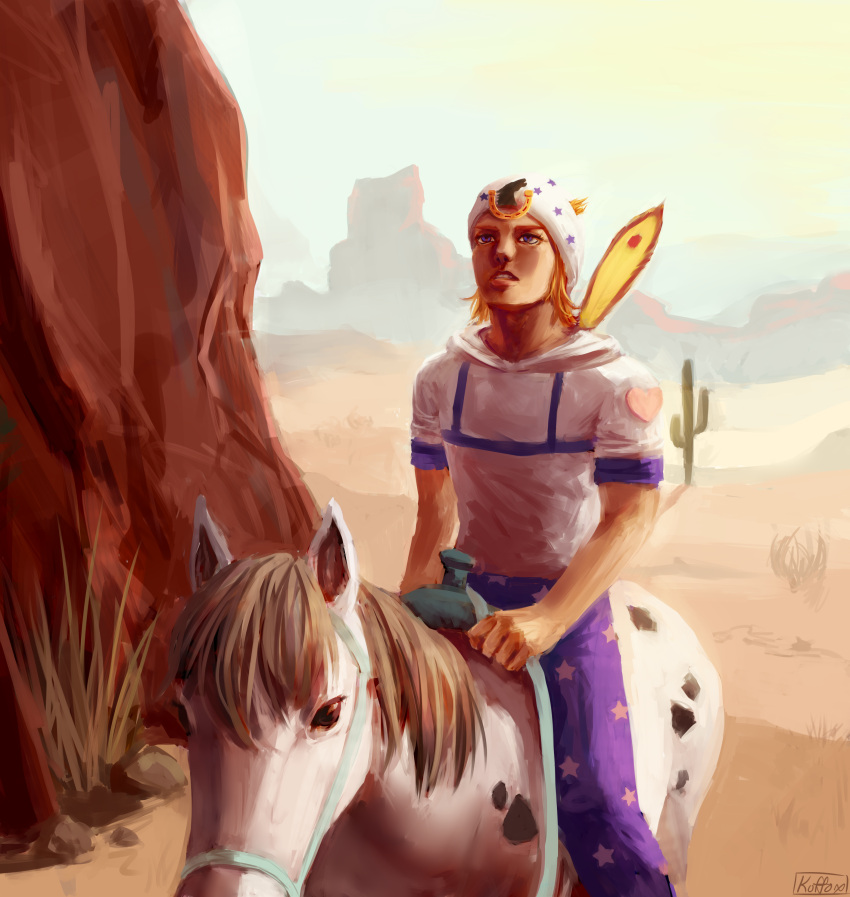 absurdres artist_name blonde_hair blue_eyes cactus feathers hat highres horse horseback_riding horseshoe johnny_joestar jojo_no_kimyou_na_bouken koffo-art riding saguaro signature steel_ball_run