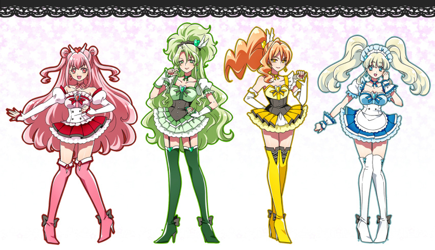 4girls arm_warmers black_bow blonde_hair blue_eyes blue_skirt boots bow brooch brown_hair choker corset double_bun earrings frills green_boots green_eyes green_hair green_nails green_skirt hair_ornament half_updo hand_on_hip heart heart_earrings heart_hair_ornament highres jewelry kagami_chihiro long_hair magical_girl multiple_girls nail_polish original pink_boots pink_eyes pink_hair pleated_skirt ponytail precure red_nails red_skirt skirt smile standing thigh-highs thigh_boots thigh_strap twintails white_boots wrist_cuffs yellow_boots yellow_eyes yellow_skirt