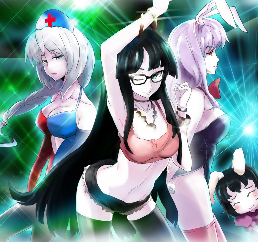 4girls 4koma album_cover animal_ears aqua_eyes arm_up armpits bare_shoulders bespectacled black-framed_glasses black_hair black_legwear bracelet braid breasts bunny_girl bunnysuit cleavage closed_eyes collarbone comic cover crop_top elbow_gloves glasses gloves hat highleg highleg_leotard highres hime_cut houraisan_kaguya inaba_tewi jewelry large_breasts leotard long_hair looking_at_viewer midriff multiple_girls navel necklace nurse nurse_cap one_eye_closed purple_hair rabbit_ears red_eyes red_legwear reisen_udongein_inaba short_hair short_shorts shorts silver_hair sinzan smile stage_lights thigh-highs touhou very_long_hair wrist_cuffs yagokoro_eirin