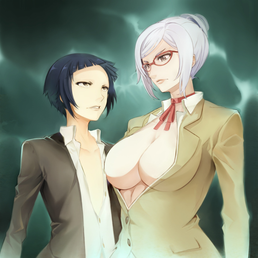 2girls angry bettou_risa black_hair breasts brown_eyes cleavage flat_chest glasses highres large_breasts lips miyo_(13th_floor) multiple_girls open_clothes open_shirt prison_school red-framed_glasses shiraki_meiko shirt short_hair silver_hair