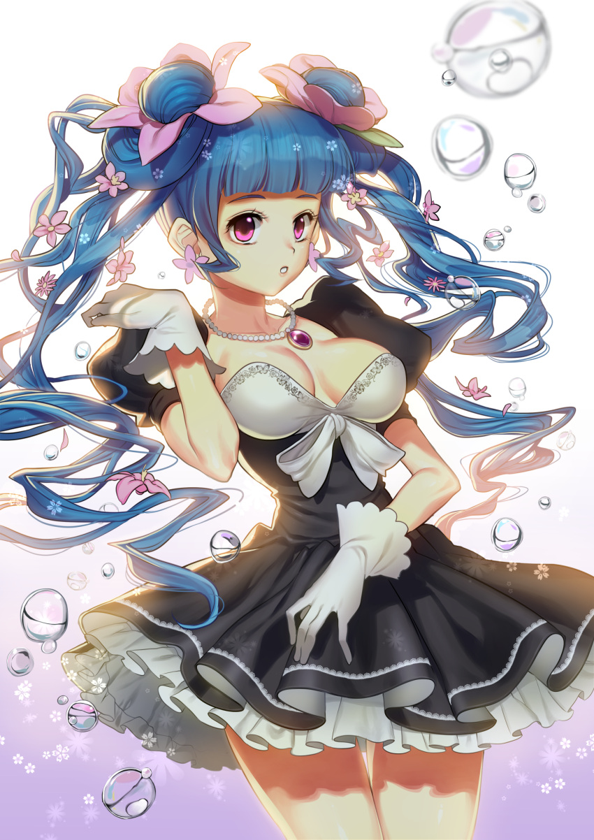 1girl backlighting bangs black_dress blue_hair breasts bubble cleavage cowboy_shot dress earrings flower flower_earrings gem gloves hair_flower hair_ornament hair_rings highres jewelry lace_trim long_hair necklace original pearl_necklace pendant sidelocks solo thigh_gap twintails two_side_up violet_eyes wadani_hitonori white_gloves