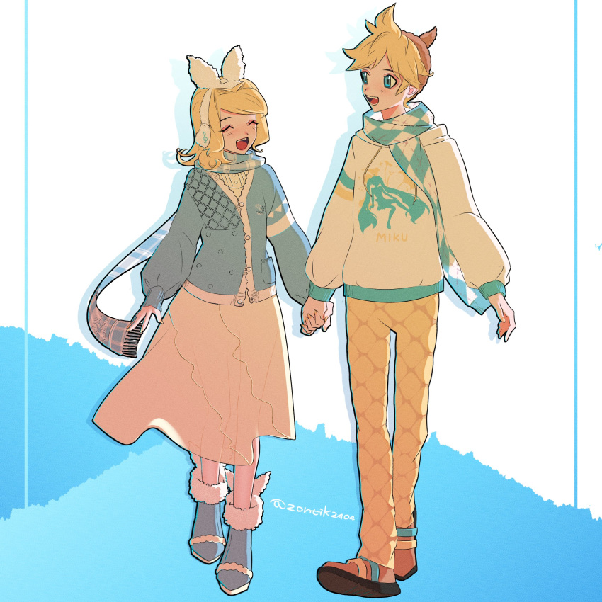 1boy 1girl argyle argyle_scarf artist_name blonde_hair blue_eyes blush boots bow_hairband cardigan character_print closed_eyes commentary_request fur-trimmed_boots fur_trim hairband hatsune_miku headphones highres holding_hands hood hoodie kagamine_len kagamine_rin long_skirt long_sleeves looking_at_another open_mouth ponytail scarf see-through see-through_skirt short_hair skirt smile vocaloid zontik2404