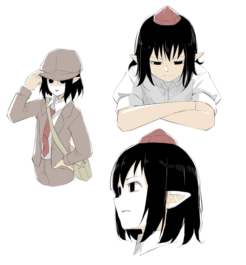 &lt;o&gt;_&lt;o&gt; 1girl bag black_eyes black_hair brown_bag brown_headwear brown_jacket brown_shorts cabbie_hat closed_mouth collared_shirt cropped_legs empty_eyes flat_cap hand_on_headwear hand_on_own_hip hat highres jacket long_sleeves medium_hair multiple_views necktie no_pupils official_alternate_costume open_mouth peroponesosu. pointy_ears puffy_short_sleeves puffy_sleeves red_headwear red_necktie shameimaru_aya shameimaru_aya_(newsboy) shirt short_sleeves shorts shoulder_bag tokin_hat touhou white_background white_shirt
