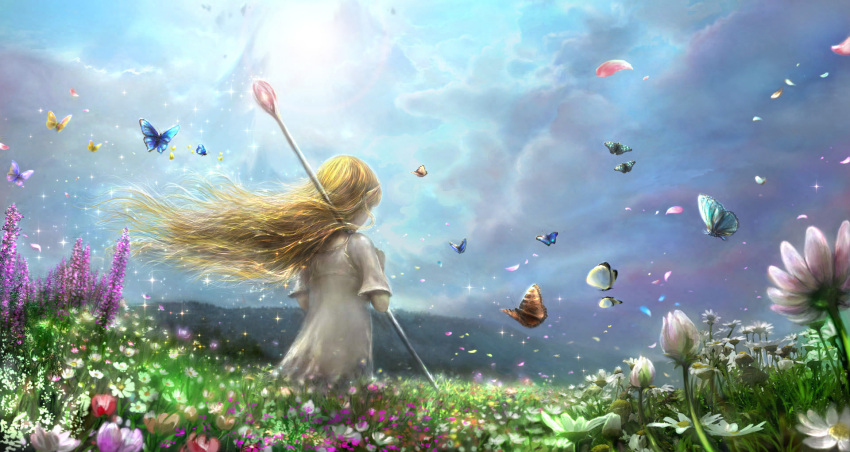 00 1girl blonde_hair butterfly clouds dress fantasy field flower from_behind highres hill light_particles long_hair nature original petals scenery sky solo sparkle staff upper_body white_dress wind