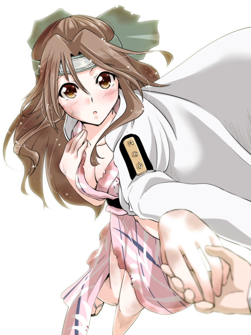 1girl blush breasts brown_eyes brown_hair cleavage collarbone hachimaki hand_on_own_chest headband highres holding_hands japanese_clothes jintsuu_(kantai_collection) kantai_collection kimono long_hair looking_at_viewer military military_uniform open_mouth pov_hands simple_background solo tsukineko uniform white_background yukata