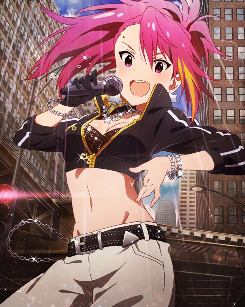 &gt;:d 1girl :d belt bracelet breasts chain chain_necklace cleavage cropped_jacket highres idolmaster idolmaster_million_live! jewelry maihama_ayumu midriff multicolored_hair navel open_mouth smile solo star_necklace streaked_hair track_jacket waifu2x