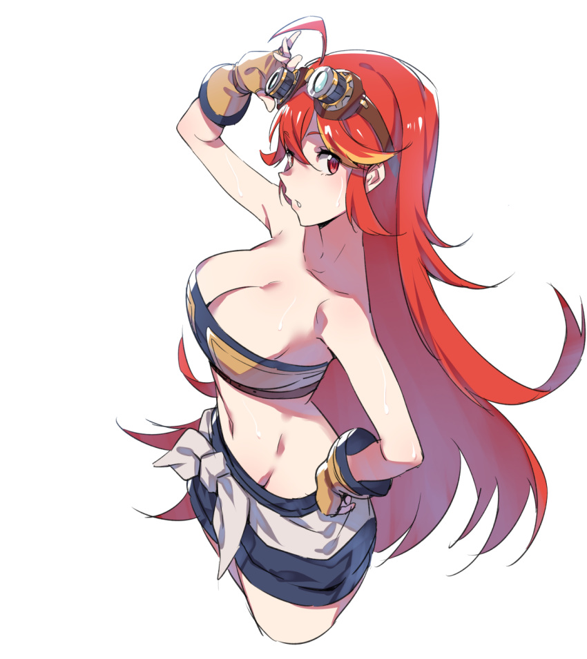 1girl ahoge bare_shoulders breasts cleavage cropped_legs flipped_hair from_above from_side gloves goggles goggles_on_head hair_between_eyes hand_on_hip highres large_breasts long_hair looking_at_viewer maplestory_2 midriff miniskirt navel parted_lips red_eyes redhead simple_background skirt solo strapless supernew tubetop very_long_hair white_background