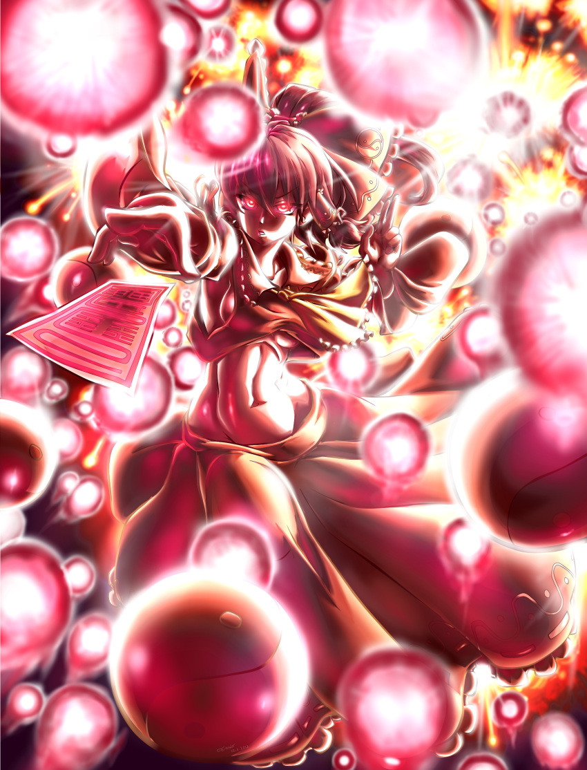 1girl absurdres artist_name ascot bow breasts brown_hair commentary danmaku detached_sleeves going_commando hair_bow hair_tubes hakurei_reimu highres loose_clothes midriff navel no_bra no_panties nsio ofuda ponytail red_eyes sideboob signature solo spell_card touhou under_boob yin_yang