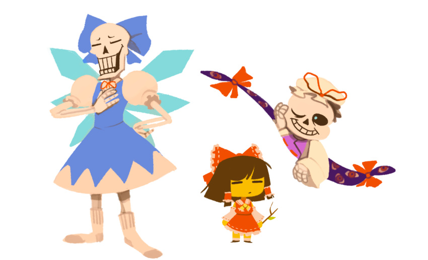 androgynous cirno cirno_(cosplay) closed_eyes cosplay crossdressinging dress frisk_(undertale) hair_tubes hakurei_reimu hakurei_reimu_(cosplay) hat multiple_boys nontraditional_miko one_eye_closed papyrus_(undertale) sans skeleton smile socks stick touhou tuyo undertale yakumo_yukari yakumo_yukari_(cosplay) yellow_skin