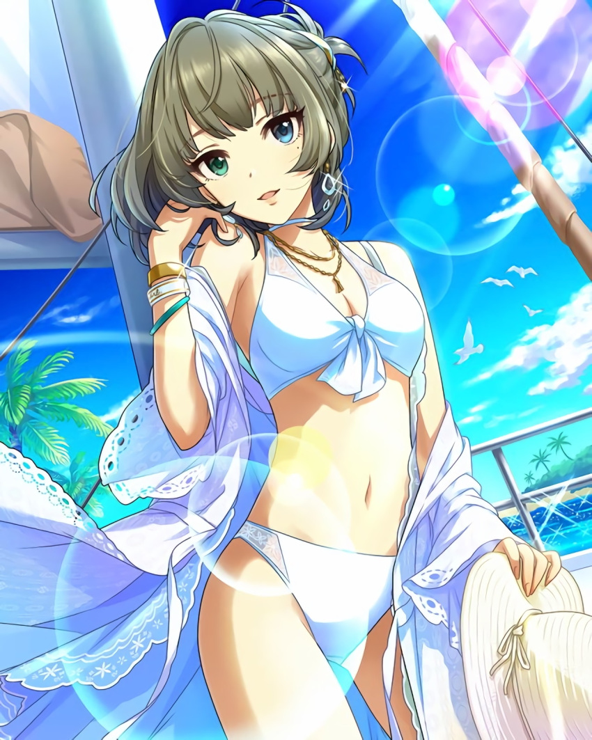 1girl alternate_hairstyle artist_request bikini bird blue_eyes bracelet breasts brown_hair cleavage clouds earrings front-tie_top green_eyes heterochromia highres idolmaster idolmaster_cinderella_girls jewelry lens_flare looking_at_viewer mole navel necklace official_art open_clothes palm_tree parted_lips sky swimsuit takagaki_kaede tree upscaled waifu2x