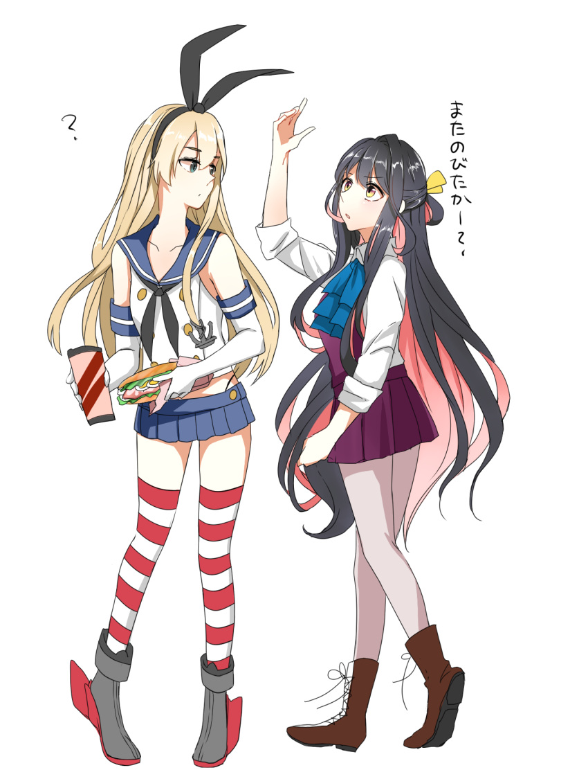 2girls ? black_hair blonde_hair blue_eyes drink elbow_gloves gloves hairband highres kantai_collection long_hair morinaga_(harumori) multicolored_hair multiple_girls naganami_(kantai_collection) open_mouth pink_hair sandwich school_uniform shimakaze_(kantai_collection) skirt very_long_hair yellow_eyes