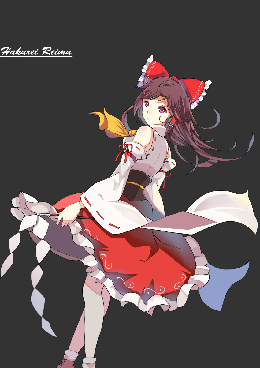 1girl absurdres ahoge alternate_color armband ascot black_background bow breasts brown_hair character_name detached_sleeves frilled_bow frilled_skirt frills from_behind gohei gradient_eyes hair_bow hair_tubes hakurei_reimu highres long_hair looking_back looking_to_the_side multicolored_eyes pink_eyes red_eyes red_skirt ribbon-trimmed_clothes ribbon-trimmed_sleeves ribbon_trim simple_background skirt sleeveless smile socks solo standing touhou tsuki_sama violet_eyes white_legwear wind