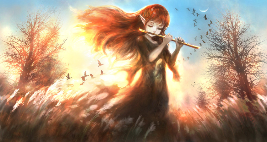 00 1girl backlighting bird closed_eyes dress fantasy field flute goose highres instrument long_hair moon original outdoors pale_skin playing_instrument pointy_ears scenery sky solo sun sunlight sunrise tree wind