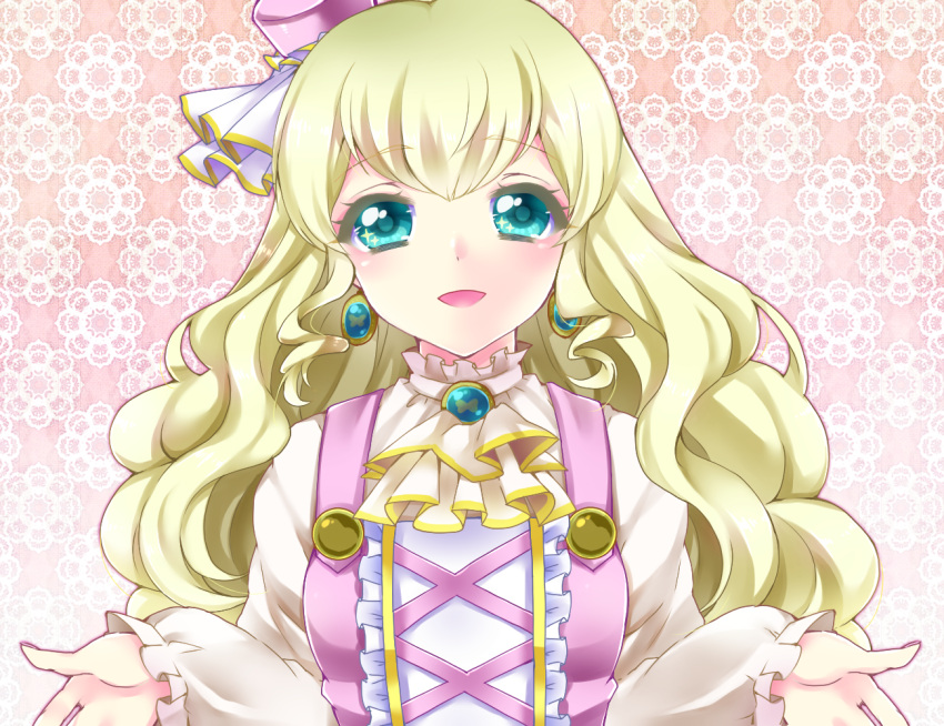 1girl blonde_hair blush character_request cravat earrings frills green_eyes hat jewelry long_hair mitsuyaama otoca_doll pink_background smile solo upper_body