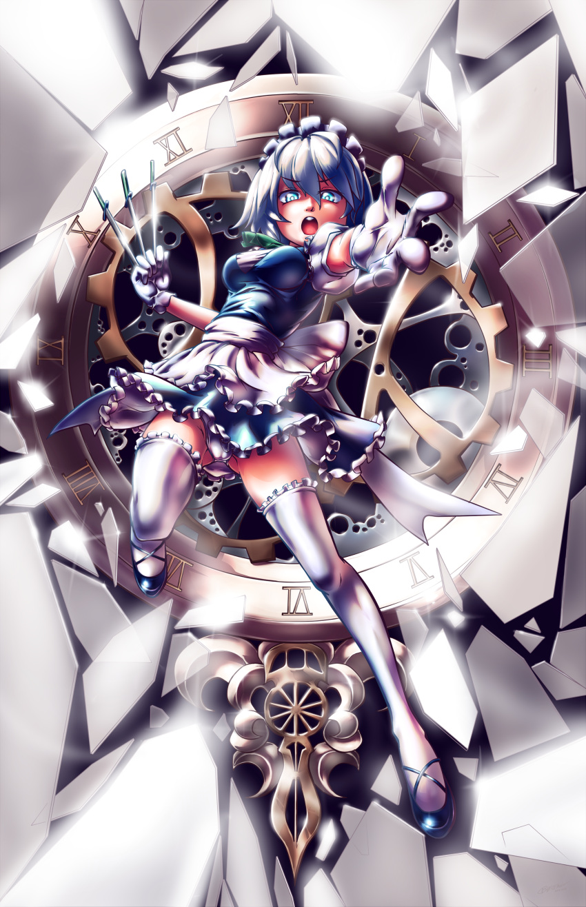 1girl absurdres apron ass_visible_through_thighs blue_eyes broken_glass clock commentary foreshortening glass gloves highres izayoi_sakuya knife looking_at_viewer maid maid_headdress mary_janes nsio open_mouth outstretched_hand panties shoes short_hair silver_hair skirt solo thigh-highs touhou underwear white_gloves