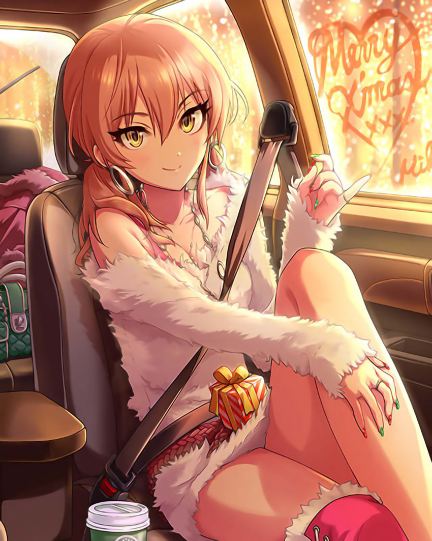 1girl artist_request box car car_interior earrings eyelashes fake_nails gift gift_box highres idolmaster idolmaster_cinderella_girls jewelry jougasaki_mika legs looking_at_viewer merry_christmas motor_vehicle nail_polish necklace official_art paper_cup pink_hair ring seatbelt single_thighhigh smile solo thigh-highs tsurime upscaled vehicle waifu2x window_writing yellow_eyes