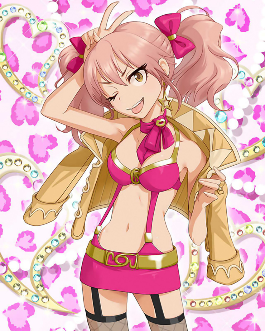 1girl artist_request belt bow breasts earrings eyelashes garter_straps highres idolmaster idolmaster_cinderella_girls jacket jewelry jougasaki_mika jpeg_artifacts midriff miniskirt navel official_art one_eye_closed pink_hair skirt smile solo suspenders thigh-highs tongue tongue_out twintails upscaled waifu2x yellow_eyes