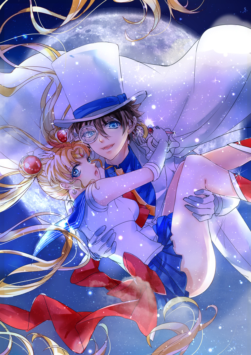 1boy 1girl absurdres bishoujo_senshi_sailor_moon blonde_hair blue_eyes brown_hair cape carrying crossover double_bun earrings elbow_gloves formal gloves hat highres jewelry kaitou_kid kuroba_kaitou long_hair meitantei_conan miniskirt monocle moon open_mouth pleated_skirt princess_carry ribbon sailor_collar sailor_moon skirt sparkle suit top_hat tsukino_usagi tsuna2727 twintails very_long_hair wand white_gloves white_suit