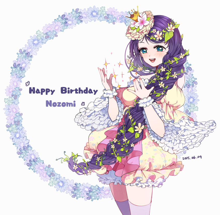 blush braids crown dress green_eyes long_hair love_live!_school_idol_project smile toujou_nozomi vines violet_hair