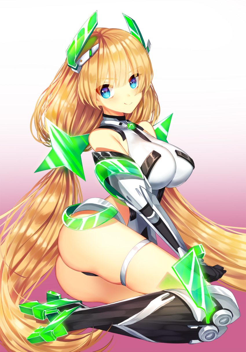 1girl angela_balzac ass black_gloves blonde_hair blue_eyes breasts elbow_gloves gabe_(seelunto) gloves gradient gradient_background highres large_breasts leotard long_hair low_twintails rakuen_tsuihou smile solo twintails very_long_hair