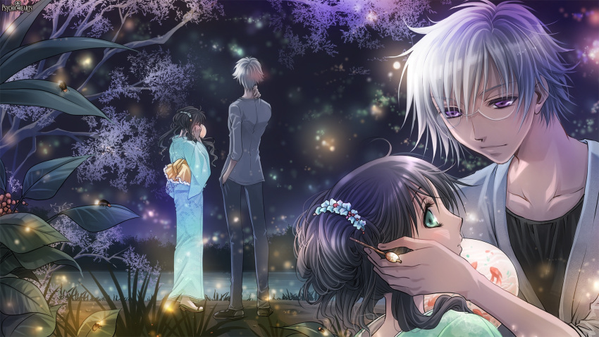 1boy 1girl ahoge artist_request back black_hair blush couple fan glasses green_eyes grey_hair hair_ornament hand_in_pocket highres japanese_clothes kimono lake leaf long_hair long_sleeves looking_back night obi psychic_hearts sandals sash shoes short_hair sky smile standing text traditional_clothes tree violet_eyes wallpaper water wide_sleeves