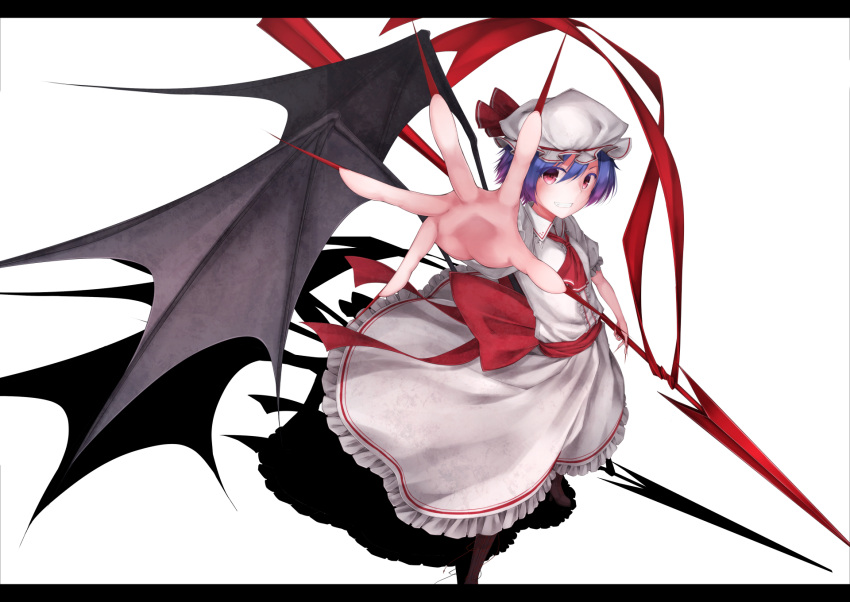 1girl ascot bat_wings blue_hair boots fingernails grin hat highres knee_boots letterboxed looking_at_viewer outstretched_hand polearm red_eyes remilia_scarlet shadow sharp_fingernails short_hair smile solo spear touhou waterdog weapon wings