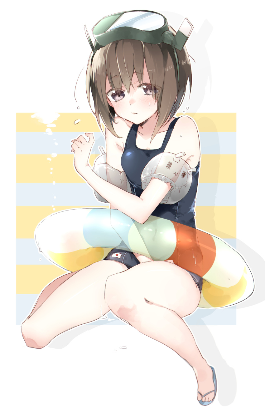 1girl :3 absurdres adapted_object alternate_costume between_legs blush brown_eyes brown_hair collarbone commentary_request floaties flying_sweatdrops full_body goggles goggles_on_head hand_between_legs highres innertube japanese_flag kantai_collection sandals school_swimsuit short_hair sino_(sionori) sitting solo sweat swimsuit taihou_(kantai_collection) turret wavy_mouth ||_||