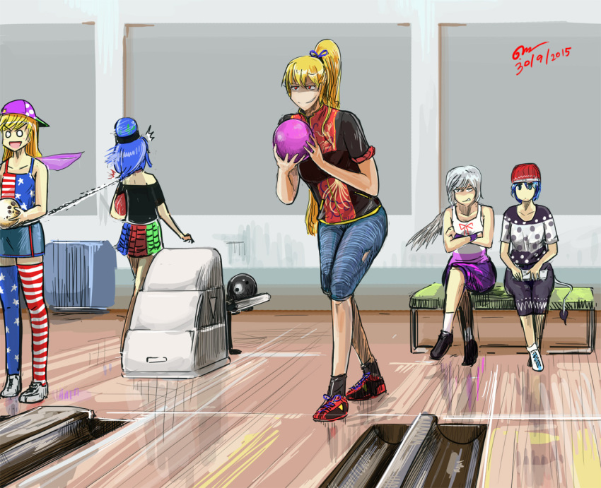 5girls adapted_costume american_flag_legwear american_flag_shirt asphyxiation backwards_hat ball beanie black_legwear black_shirt blonde_hair blue_eyes blue_hair bowling_alley bowling_ball casual choking clipboard clownpiece commentary contemporary crossed_arms crossed_legs dated denim doremy_sweet earth_(ornament) expressionless frown gapangman grin hair_ribbon hat hecatia_lapislazuli hips junko_(touhou) kishin_sagume long_hair long_ponytail looking_at_another moon_(ornament) multicolored_skirt multiple_girls off-shoulder_shirt open_mouth polka_dot polka_dot_shirt pulling purple_skirt red_eyes reflective_floor ribbon shaded_face shirt shoes short_hair short_sleeves shorts signature silver_hair single_wing sitting skirt smile sneakers socks standing surprised tail tank_top thigh-highs touhou very_long_hair white_wings wings