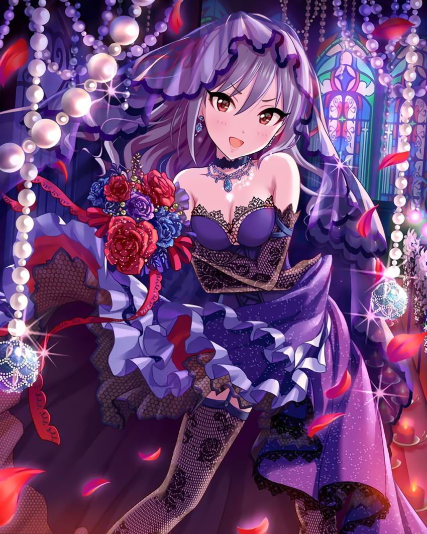 1girl alternate_hairstyle artist_request bouquet breasts cleavage dress earrings elbow_gloves fishnets flower garter_straps gloves highres idolmaster idolmaster_cinderella_girls jewelry kanzaki_ranko long_hair looking_at_viewer necklace official_art open_mouth petals red_eyes silver_hair solo sparkle thigh-highs upscaled veil waifu2x wedding_dress