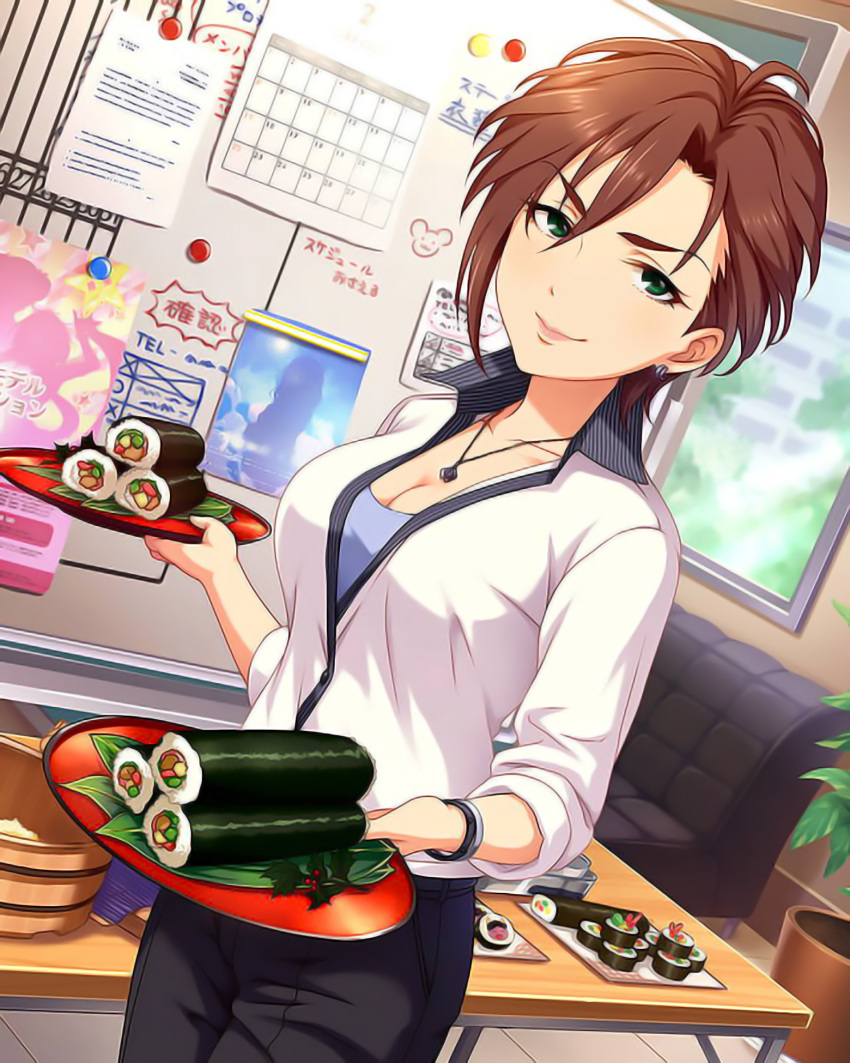 1girl artist_request bracelet breasts brown_hair calendar_(object) cleavage dutch_angle earrings ehoumaki female food green_eyes highres idolmaster idolmaster_cinderella_girls indoors jewelry jpeg_artifacts kiba_manami large_breasts looking_at_viewer makizushi necklace plant potted_plant short_hair smile solo sushi table tray upscaled window