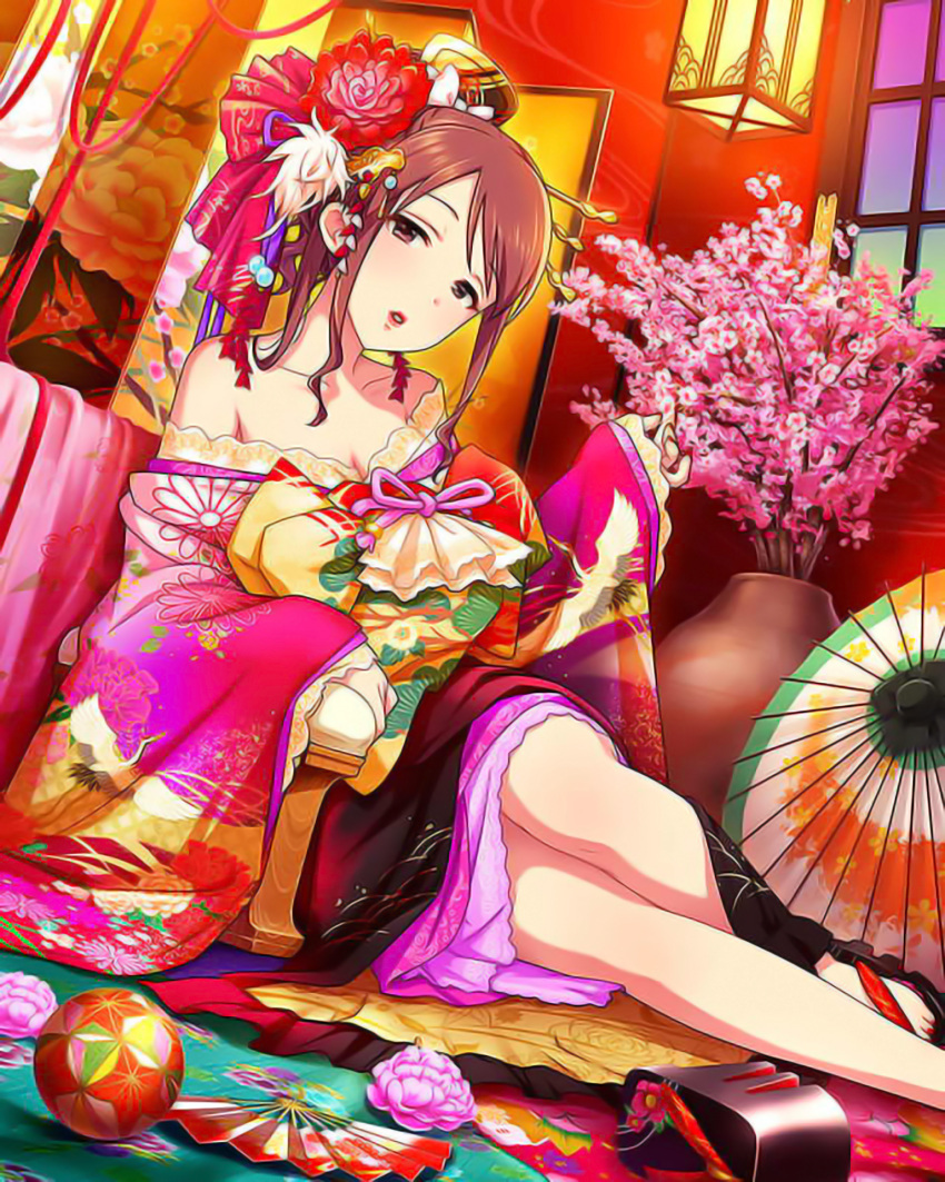 1girl artist_request brown_eyes brown_hair dutch_angle fan folding_fan hair_ornament highres idolmaster idolmaster_cinderella_girls indoors japanese_clothes jpeg_artifacts kimono lips looking_at_viewer mifune_miyu off_shoulder official_art parted_lips red-crowned_crane sandals solo source_request upscaled