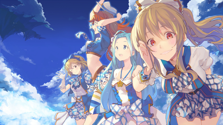 4girls :d ;) ahoge argyle argyle_skirt arm_behind_back arms_behind_back arms_up bangs bare_shoulders blonde_hair blue_bow blue_eyes blue_hair blue_sky blue_vest blush bow brown_eyes chromatic_aberration clouds collarbone cravat crop_top floating_island frilled_skirt frills gita_(granblue_fantasy) gloves granblue_fantasy grin hair_between_eyes hair_bow hat highres horizontal_stripes jumping leaning_forward light_particles long_hair looking_at_viewer looking_up lyria_(granblue_fantasy) marie_(granblue_fantasy) miniskirt multiple_girls one_eye_closed open_mouth puffy_short_sleeves puffy_sleeves red_eyes redhead ribbon short_hair short_sleeves sidelocks skirt sky smile striped striped_legwear superstar_(granblue_fantasy) superstar_ex_(granblue_fantasy) thigh-highs thigh_gap vest vila white_bow white_gloves wrist_cuffs yoo_(tabi_no_shiori) zettai_ryouiki